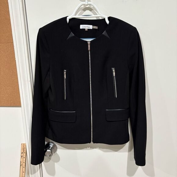 Calvin Klein Black Zip Up Mixed Media Blazer Size 6 - Picture 2 of 6